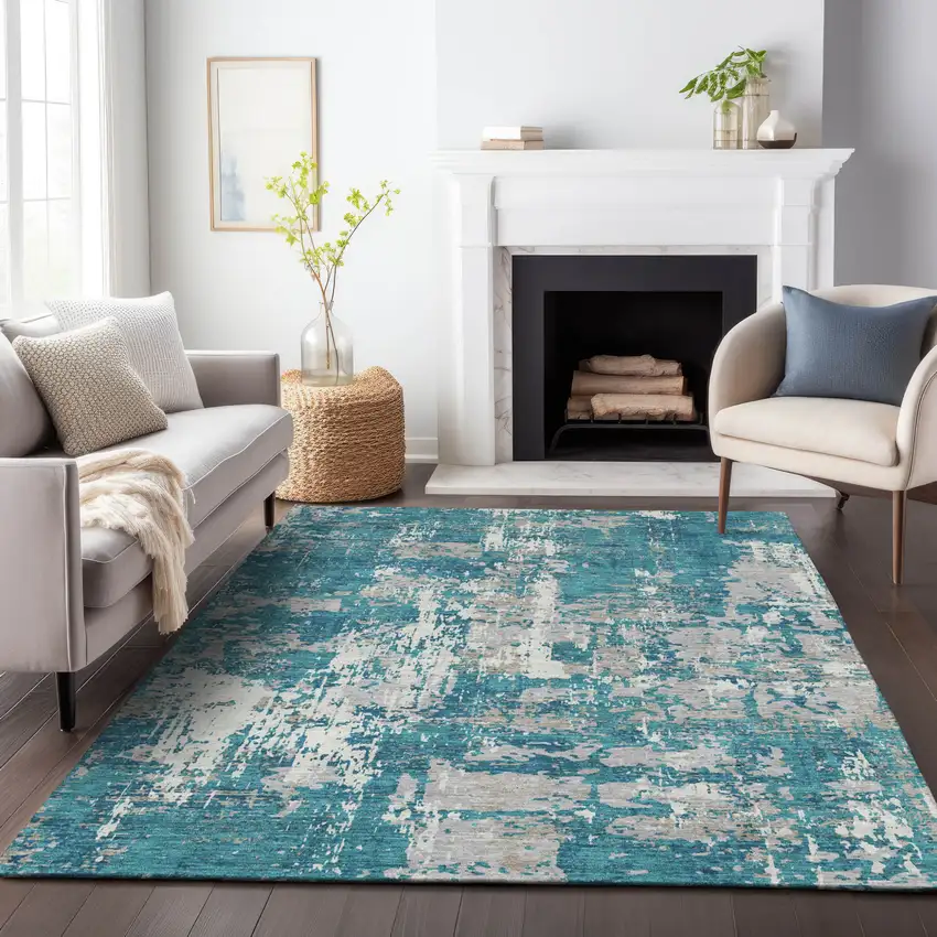 Teal Blue Gray And Ivory Abstract Washable Indoor Outdoor Area Rug Photo 8