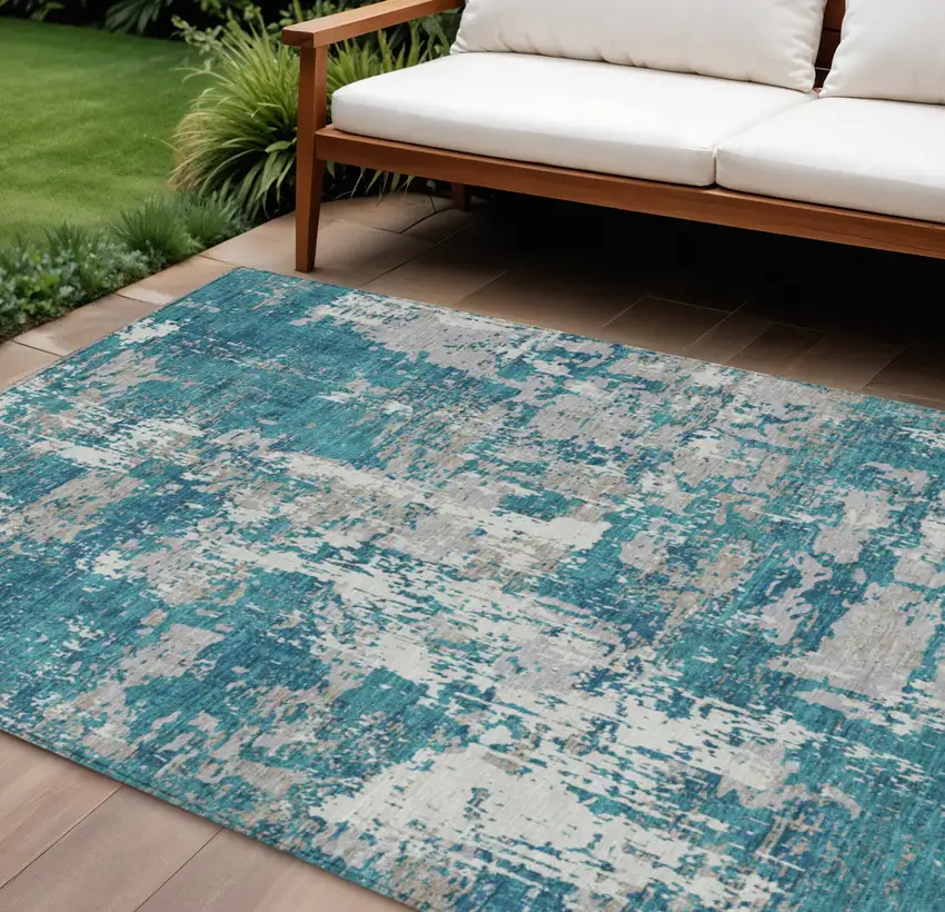 Teal Blue Gray And Ivory Abstract Washable Indoor Outdoor Area Rug Photo 1