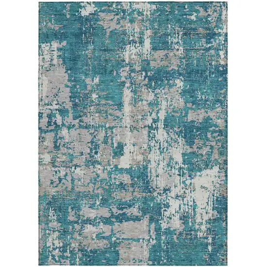 Teal Blue Gray And Ivory Abstract Washable Indoor Outdoor Area Rug Photo 6