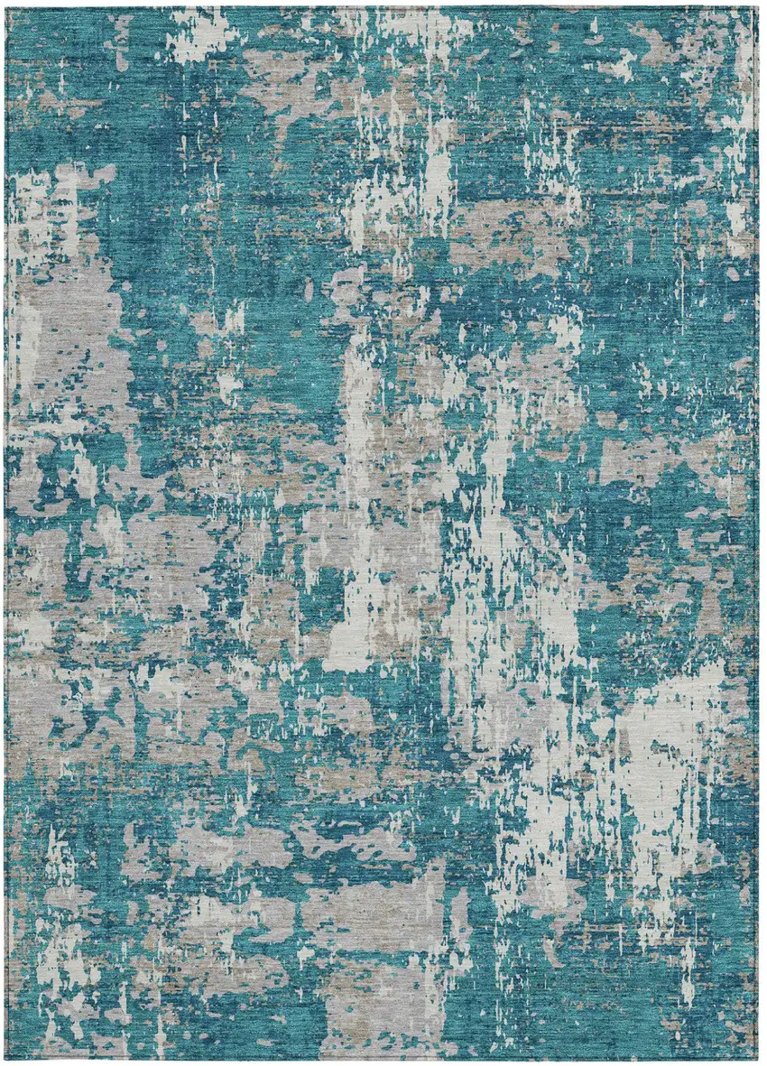 Teal Blue Gray And Ivory Abstract Washable Indoor Outdoor Area Rug Photo 6