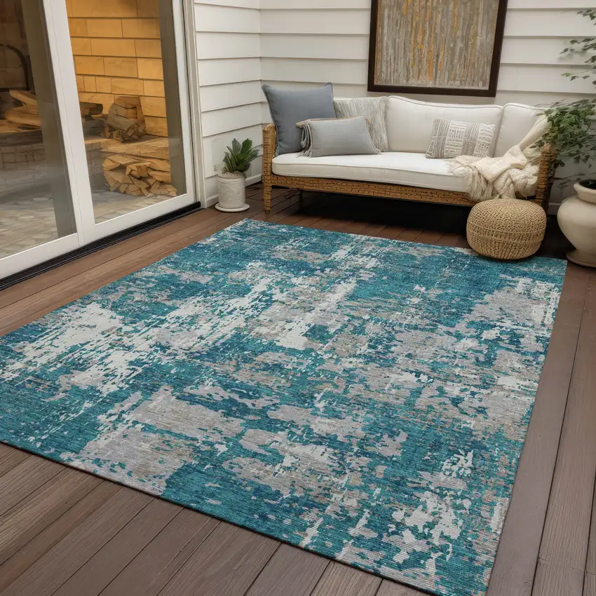 Teal Blue Gray And Ivory Abstract Washable Indoor Outdoor Area Rug Photo 7