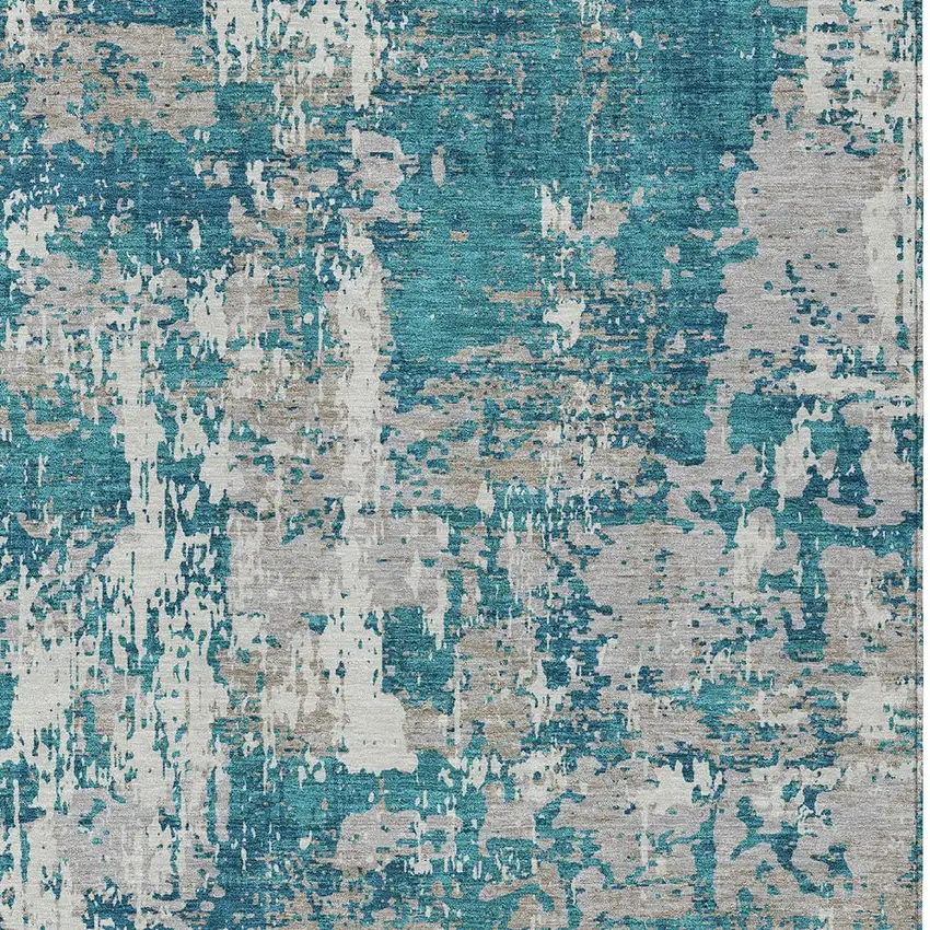 Teal Blue Gray And Ivory Abstract Washable Indoor Outdoor Area Rug Photo 5