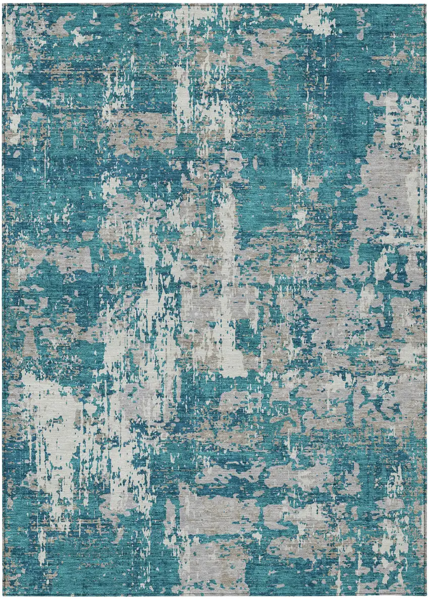Teal Blue Gray And Ivory Abstract Washable Indoor Outdoor Area Rug Photo 2