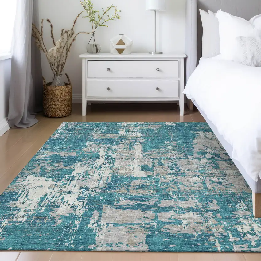 Teal Blue Gray And Ivory Abstract Washable Indoor Outdoor Area Rug Photo 9