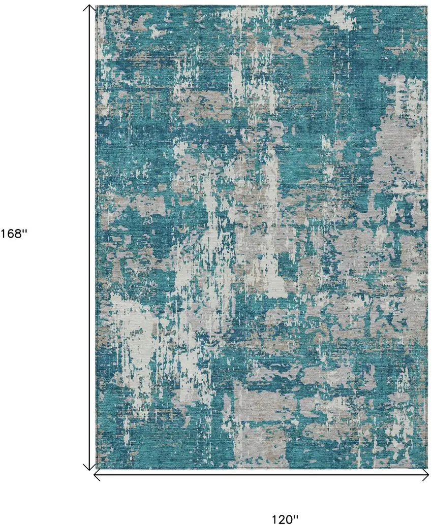 Teal Blue Gray And Ivory Abstract Washable Indoor Outdoor Area Rug Photo 3
