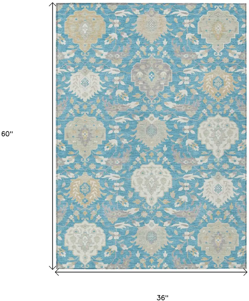 Teal Blue Gray And Ivory Damask Washable Indoor Outdoor Area Rug Photo 3