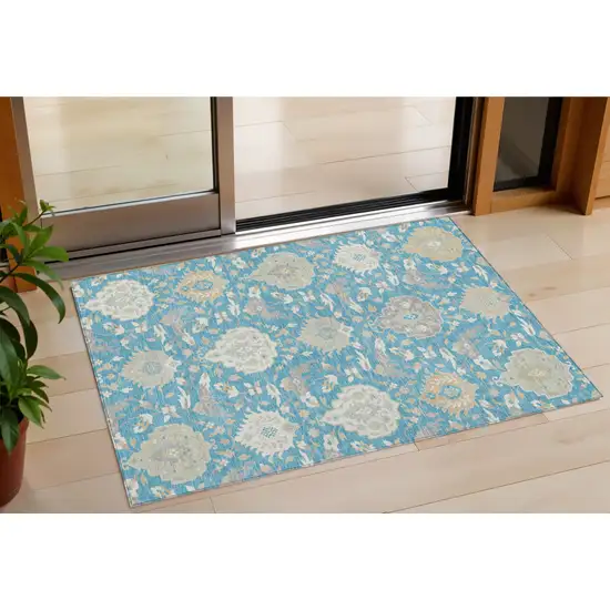 Teal Blue Gray And Ivory Damask Washable Indoor Outdoor Area Rug Photo 1