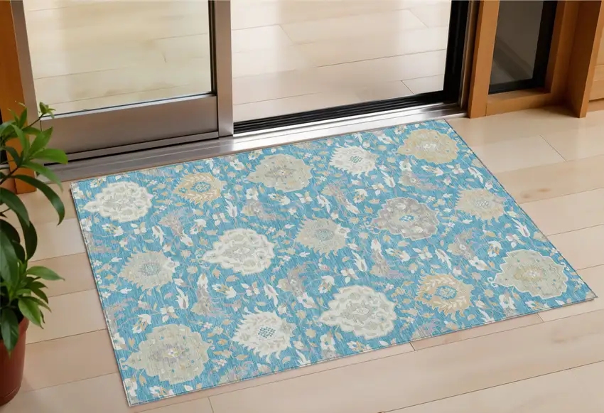 Teal Blue Gray And Ivory Damask Washable Indoor Outdoor Area Rug Photo 1