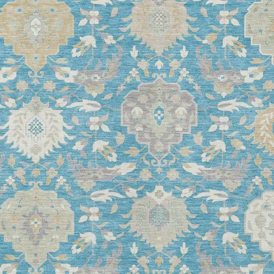 Teal Blue Gray And Ivory Damask Washable Indoor Outdoor Area Rug Photo 7