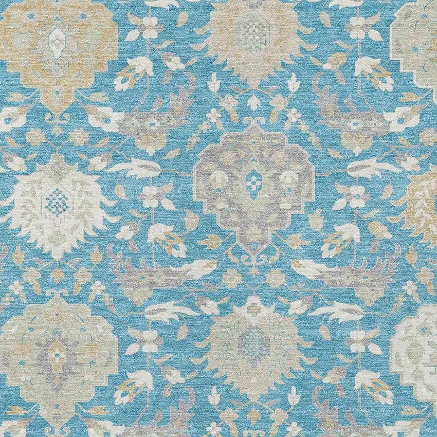 Teal Blue Gray And Ivory Damask Washable Indoor Outdoor Area Rug Photo 7