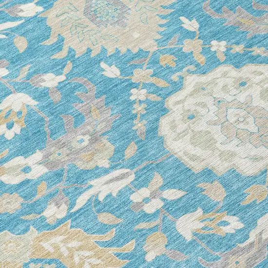 Teal Blue Gray And Ivory Damask Washable Indoor Outdoor Area Rug Photo 6