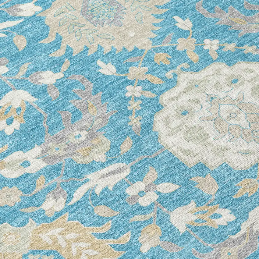 Teal Blue Gray And Ivory Damask Washable Indoor Outdoor Area Rug Photo 6
