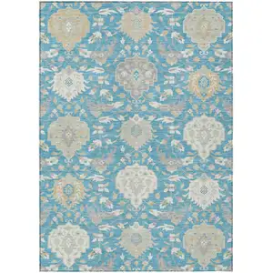 Photo of Teal Blue Gray And Ivory Damask Washable Indoor Outdoor Area Rug