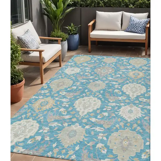 Teal Blue Gray And Ivory Damask Washable Indoor Outdoor Area Rug Photo 1