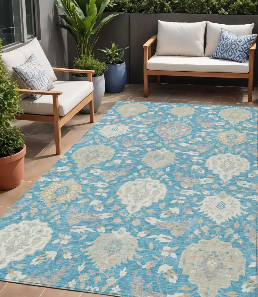 Teal Blue Gray And Ivory Damask Washable Indoor Outdoor Area Rug Photo 1