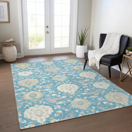 Teal Blue Gray And Ivory Damask Washable Indoor Outdoor Area Rug Photo 9