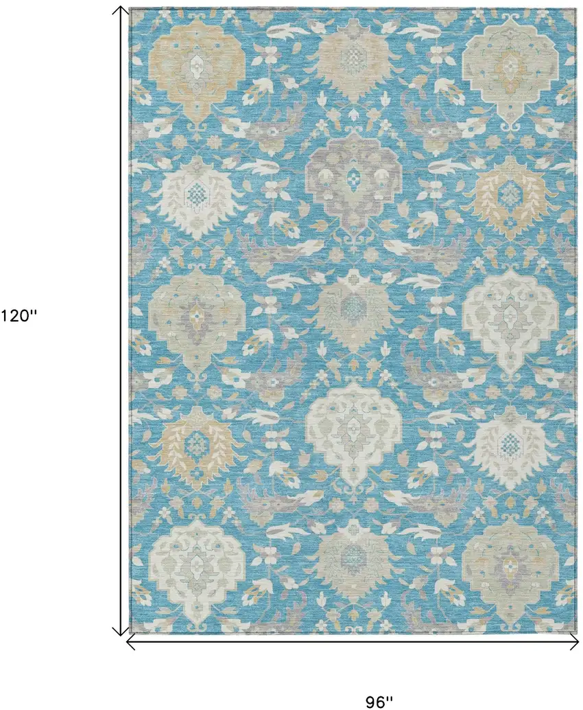 Teal Blue Gray And Ivory Damask Washable Indoor Outdoor Area Rug Photo 3
