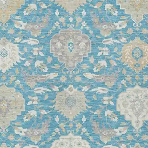 Photo of Teal Blue Gray And Ivory Damask Washable Indoor Outdoor Area Rug