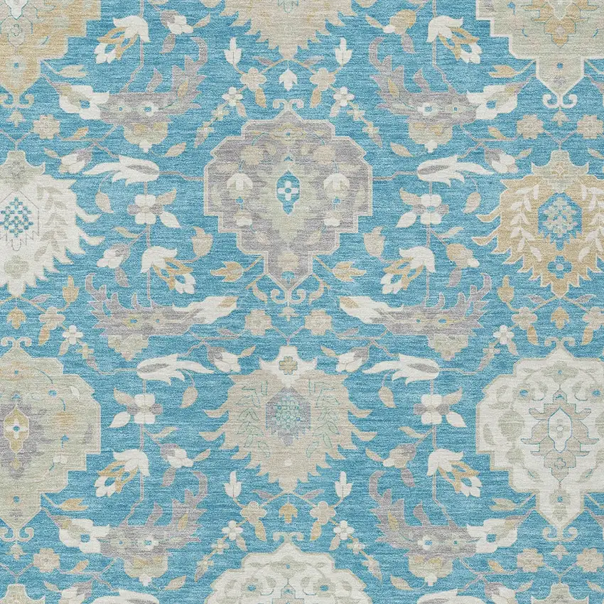 Teal Blue Gray And Ivory Damask Washable Indoor Outdoor Area Rug Photo 7