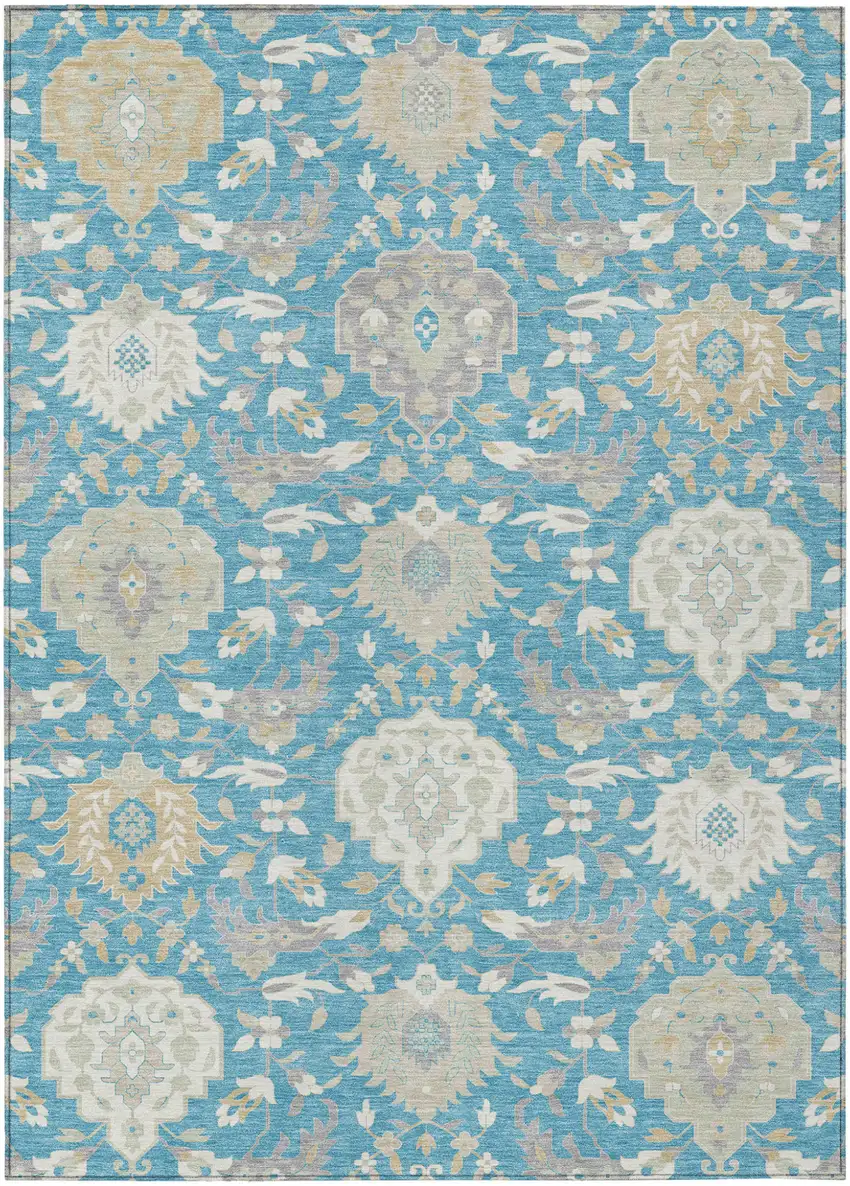 Teal Blue Gray And Ivory Damask Washable Indoor Outdoor Area Rug Photo 2
