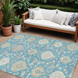 Photo of Teal Blue Gray And Ivory Damask Washable Indoor Outdoor Area Rug