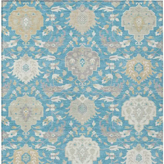 Teal Blue Gray And Ivory Damask Washable Indoor Outdoor Area Rug Photo 8