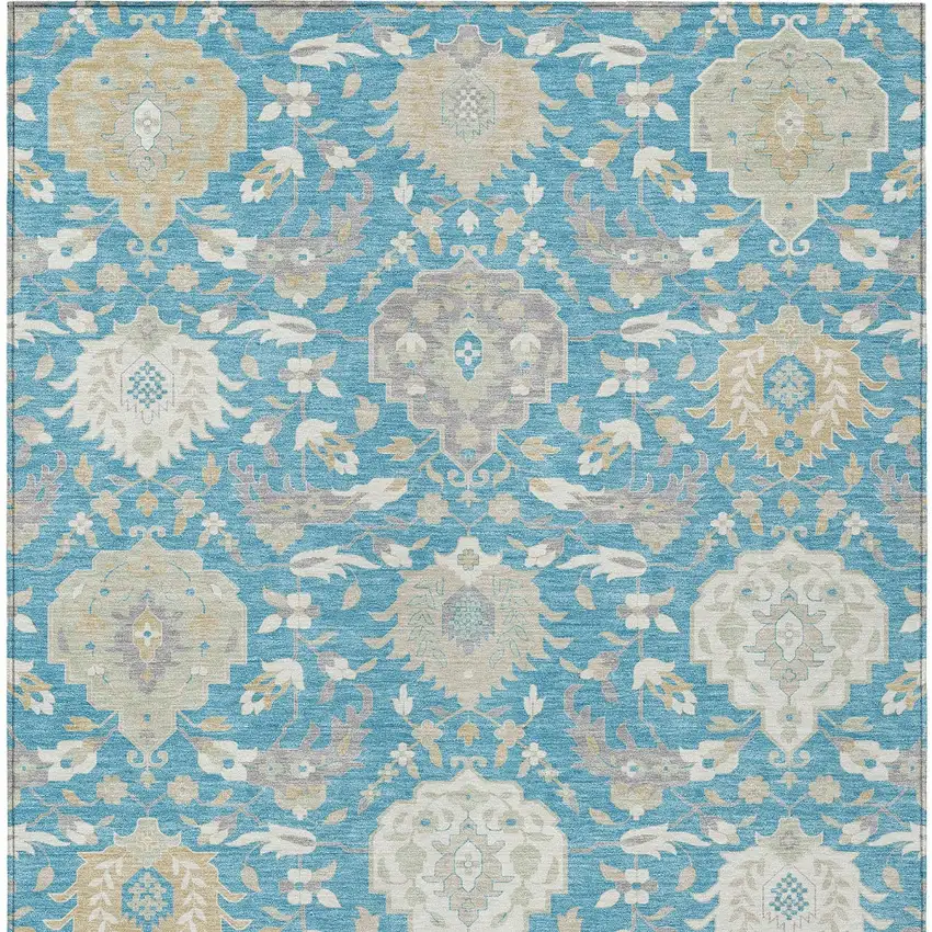 Teal Blue Gray And Ivory Damask Washable Indoor Outdoor Area Rug Photo 8