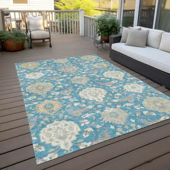 Teal Blue Gray And Ivory Damask Washable Indoor Outdoor Area Rug Photo 9