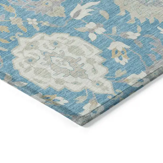 Teal Blue Gray And Ivory Damask Washable Indoor Outdoor Area Rug Photo 5