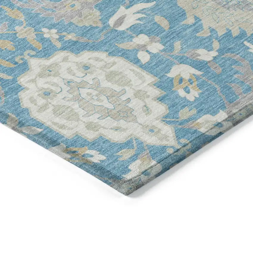 Teal Blue Gray And Ivory Damask Washable Indoor Outdoor Area Rug Photo 5