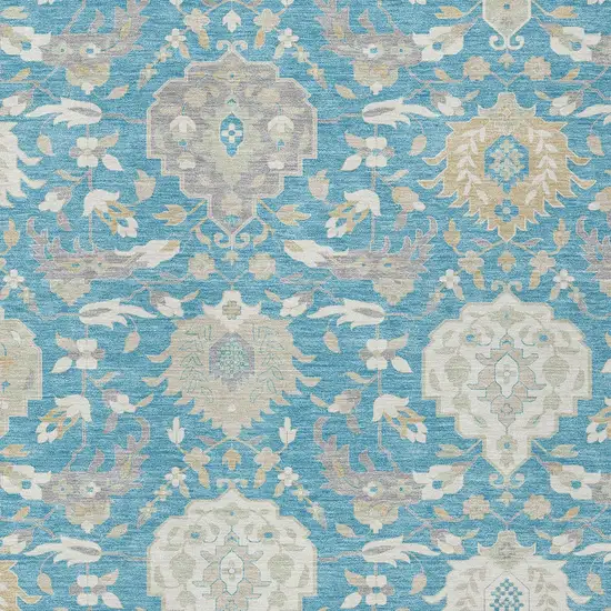 Teal Blue Gray And Ivory Damask Washable Indoor Outdoor Area Rug Photo 7