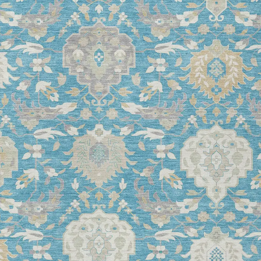 Teal Blue Gray And Ivory Damask Washable Indoor Outdoor Area Rug Photo 7