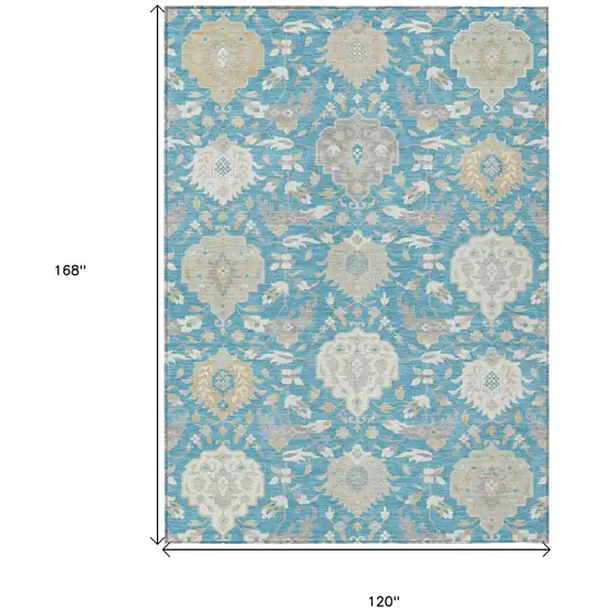 Teal Blue Gray And Ivory Damask Washable Indoor Outdoor Area Rug Photo 3