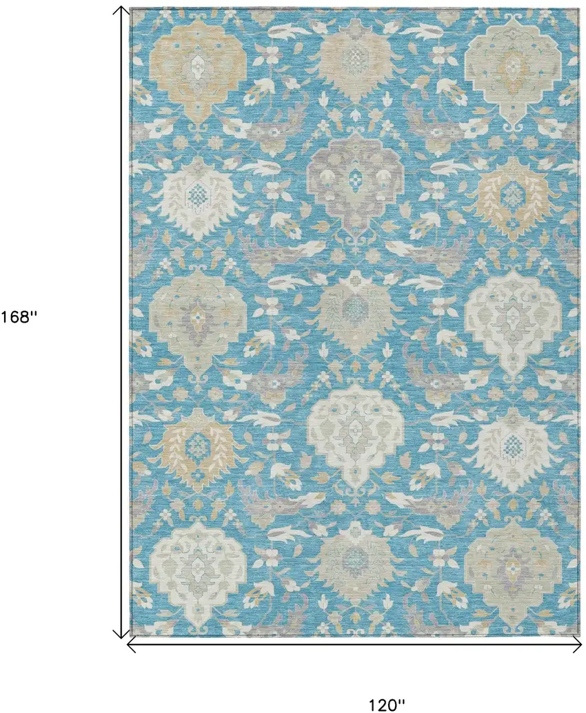 Teal Blue Gray And Ivory Damask Washable Indoor Outdoor Area Rug Photo 3
