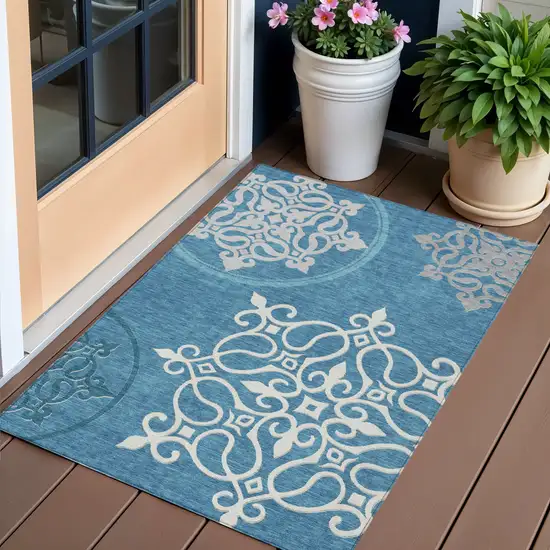 Teal Blue Gray And Ivory Floral Medallion Washable Indoor Outdoor Area Rug Photo 1