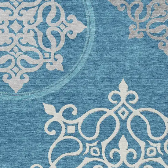 Teal Blue Gray And Ivory Floral Medallion Washable Indoor Outdoor Area Rug Photo 6
