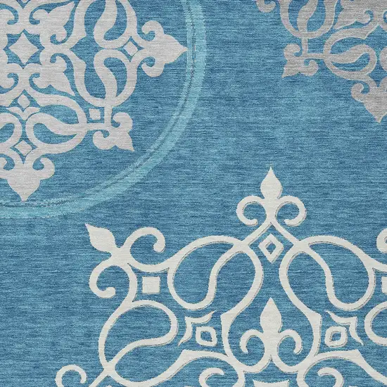 Teal Blue Gray And Ivory Floral Medallion Washable Indoor Outdoor Area Rug Photo 6