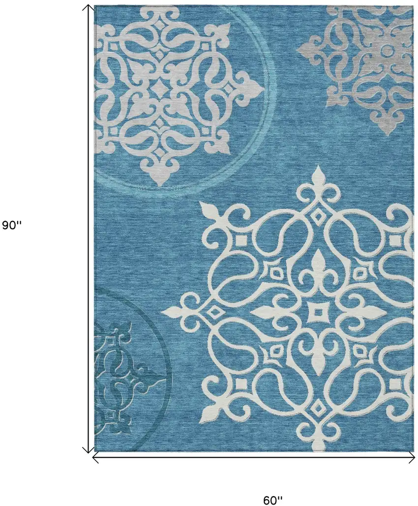 Teal Blue Gray And Ivory Floral Medallion Washable Indoor Outdoor Area Rug Photo 3