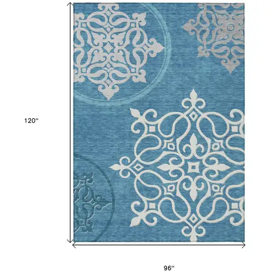 Teal Blue Gray And Ivory Floral Medallion Washable Indoor Outdoor Area Rug Photo 3