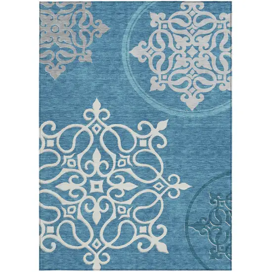 Teal Blue Gray And Ivory Floral Medallion Washable Indoor Outdoor Area Rug Photo 7