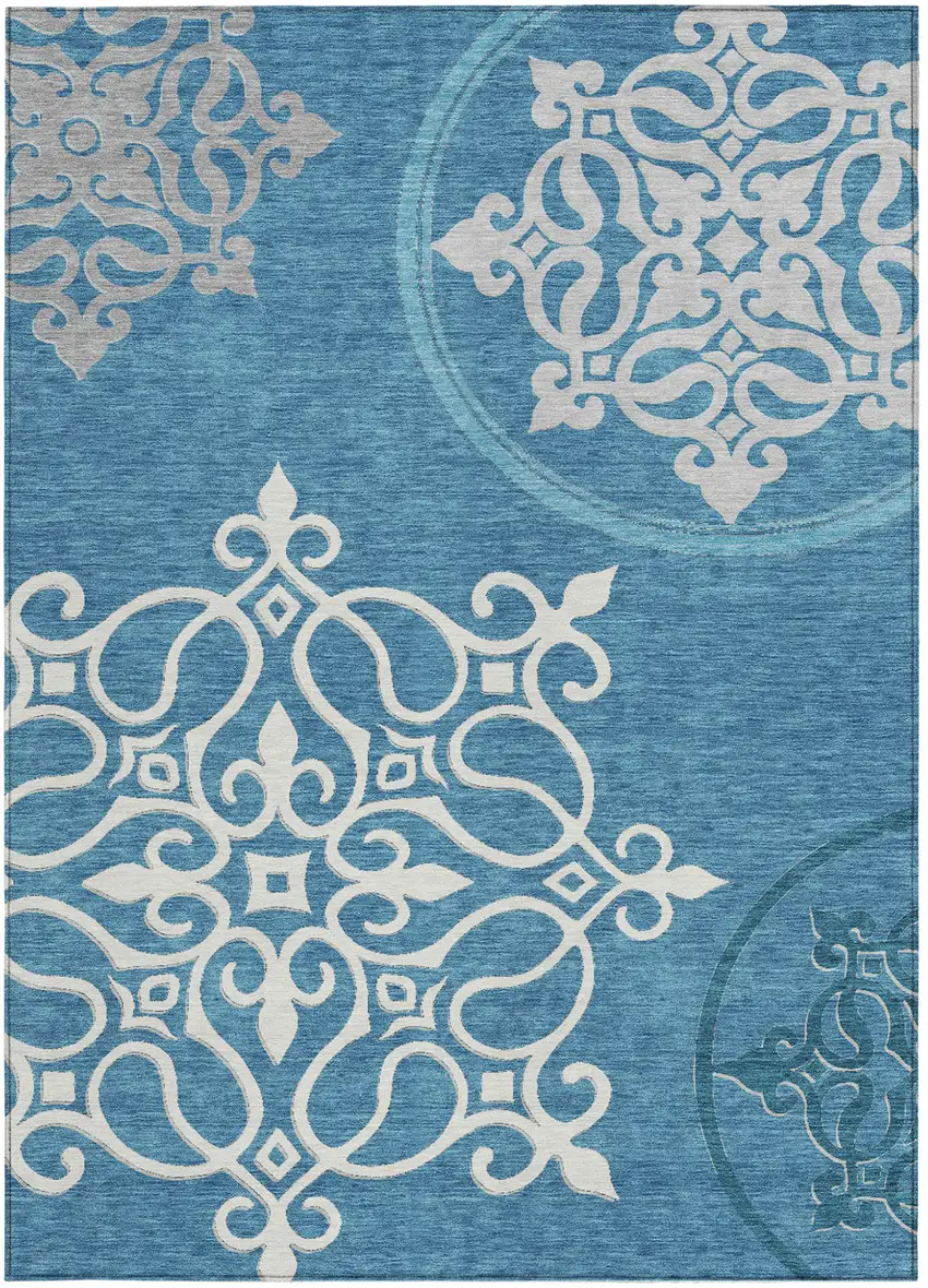 Teal Blue Gray And Ivory Floral Medallion Washable Indoor Outdoor Area Rug Photo 7