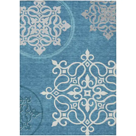 Teal Blue Gray And Ivory Floral Medallion Washable Indoor Outdoor Area Rug Photo 2