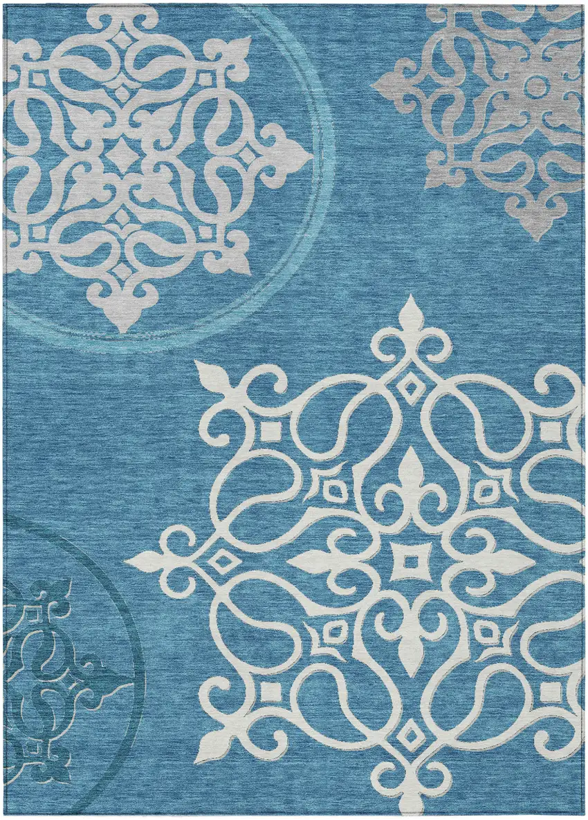 Teal Blue Gray And Ivory Floral Medallion Washable Indoor Outdoor Area Rug Photo 2