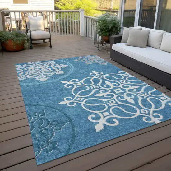 Teal Blue Gray And Ivory Floral Medallion Washable Indoor Outdoor Area Rug Photo 8