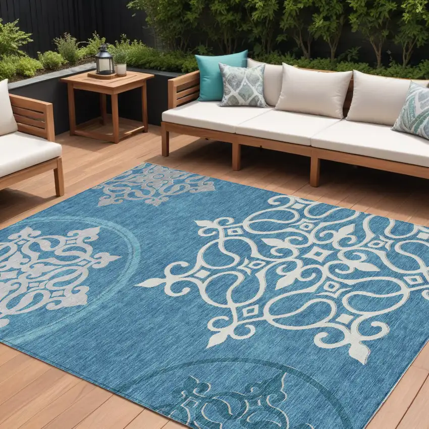 Teal Blue Gray And Ivory Floral Medallion Washable Indoor Outdoor Area Rug Photo 1
