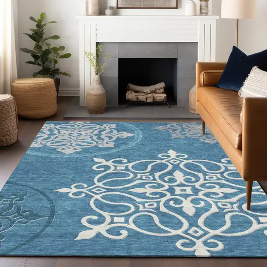 Teal Blue Gray And Ivory Floral Medallion Washable Indoor Outdoor Area Rug Photo 9