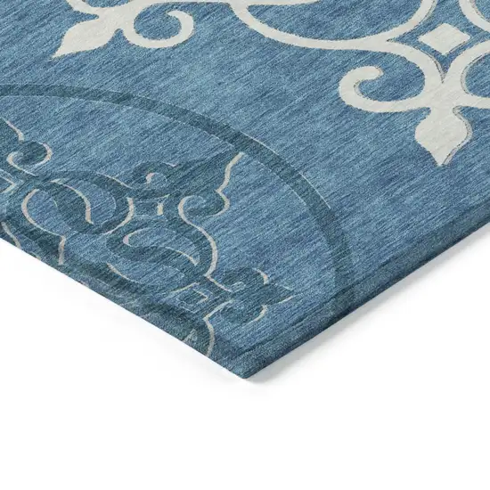 Teal Blue Gray And Ivory Floral Medallion Washable Indoor Outdoor Area Rug Photo 5