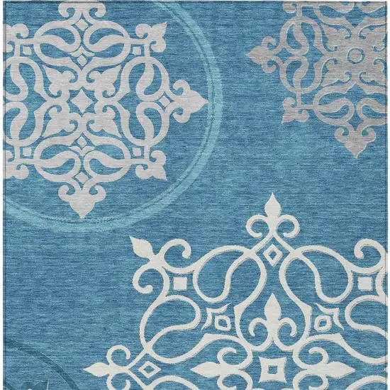 Teal Blue Gray And Ivory Floral Medallion Washable Indoor Outdoor Area Rug Photo 6