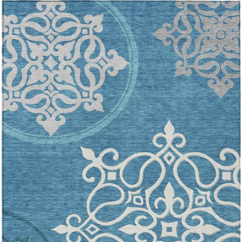Teal Blue Gray And Ivory Floral Medallion Washable Indoor Outdoor Area Rug Photo 6