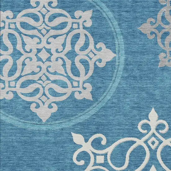 Teal Blue Gray And Ivory Floral Medallion Washable Indoor Outdoor Area Rug Photo 6